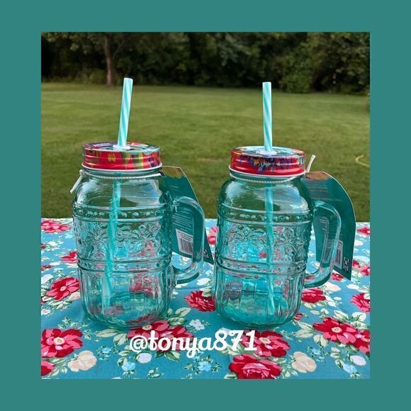 🦋 New Pioneer Woman Delaney CASSIE Glass Mason Jars with Lids & Straw’s - Picture 4 of 5